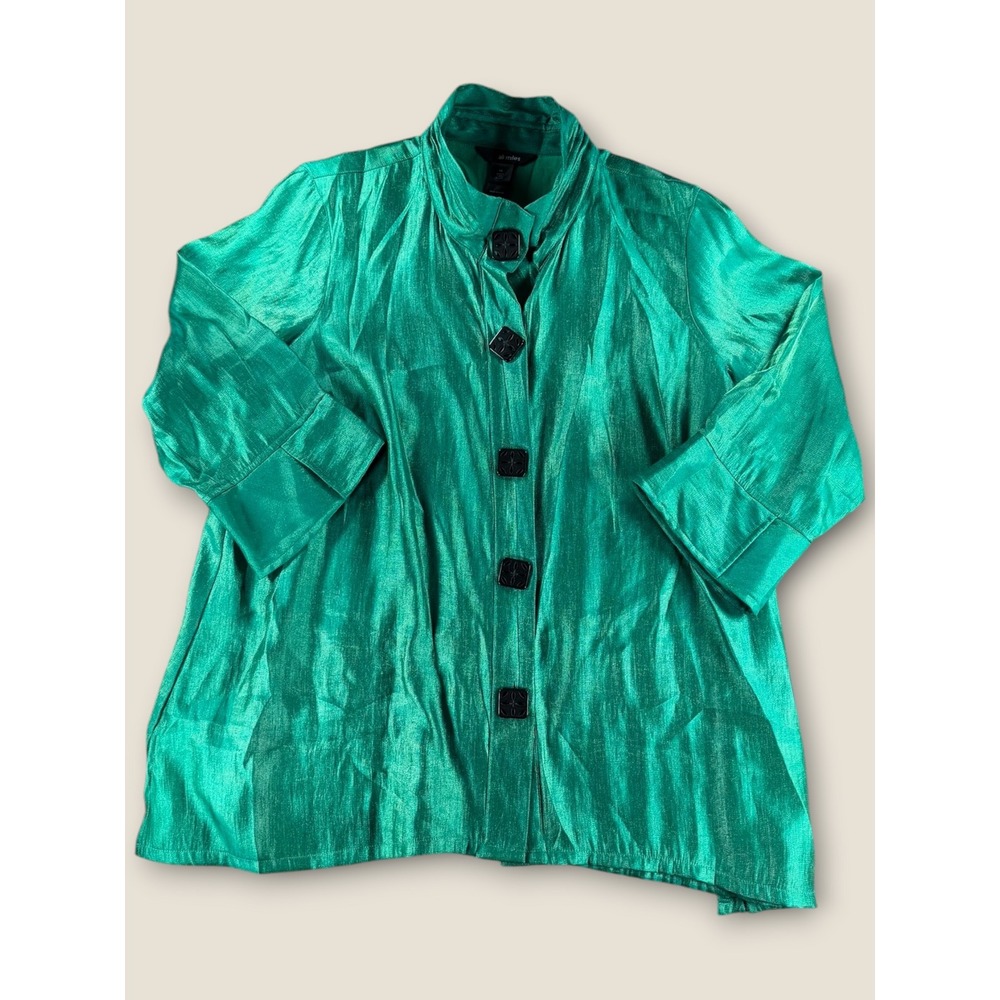 Ali Miles Emerald Green Metallic Mock Neck Button Front Blouse 1X Top